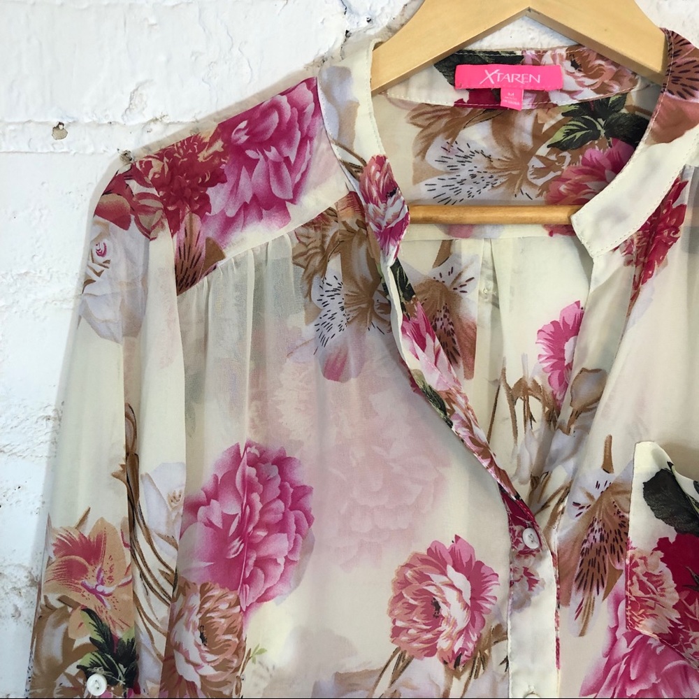 XTAREN Sheer Pink Floral Blouse Size Medium